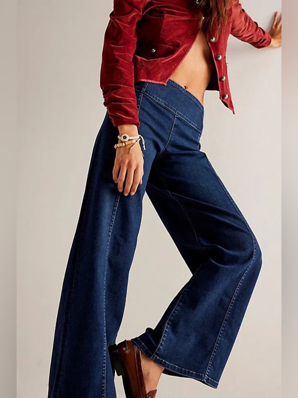 Free People We The Free 29 Wide Leg Jeans Blue Seamed Stretch Denim Mod 70s Boho